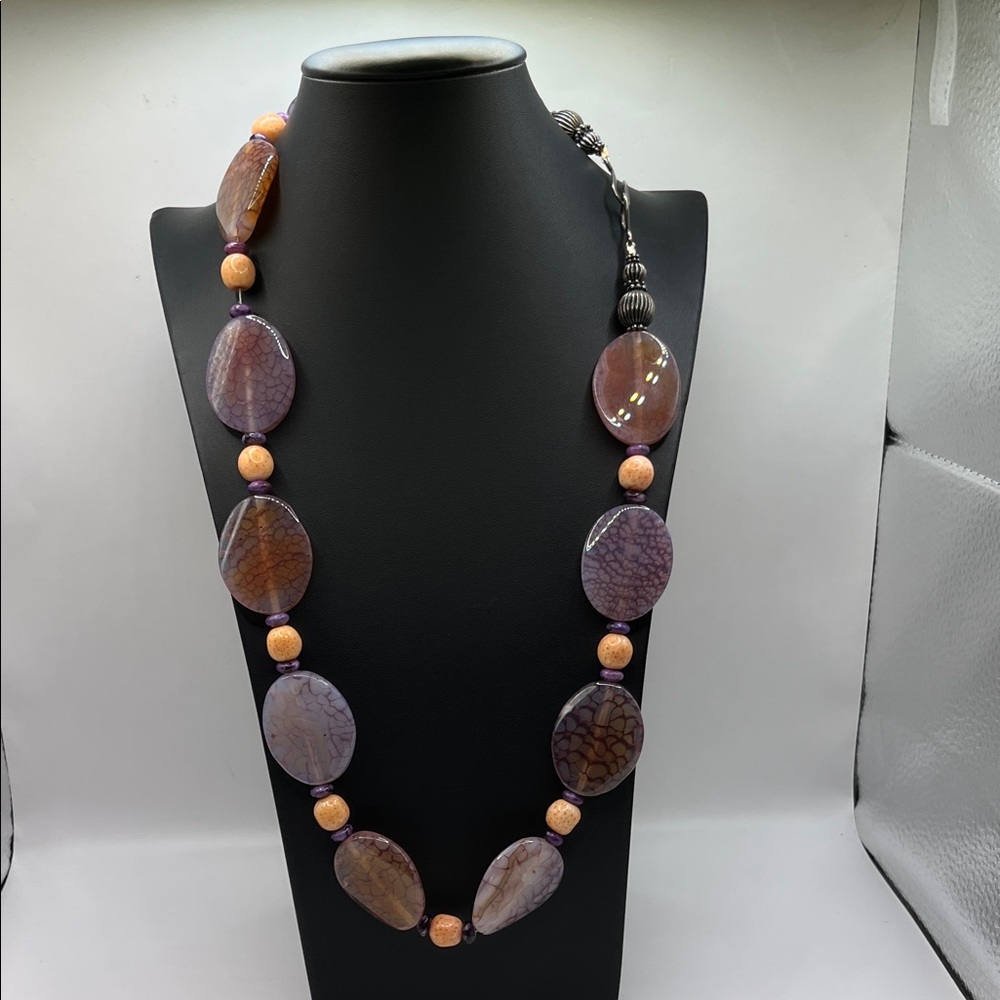 Vintage Purple Agate & Peach Bead Statement Necklace 925 Bohemian Chunky